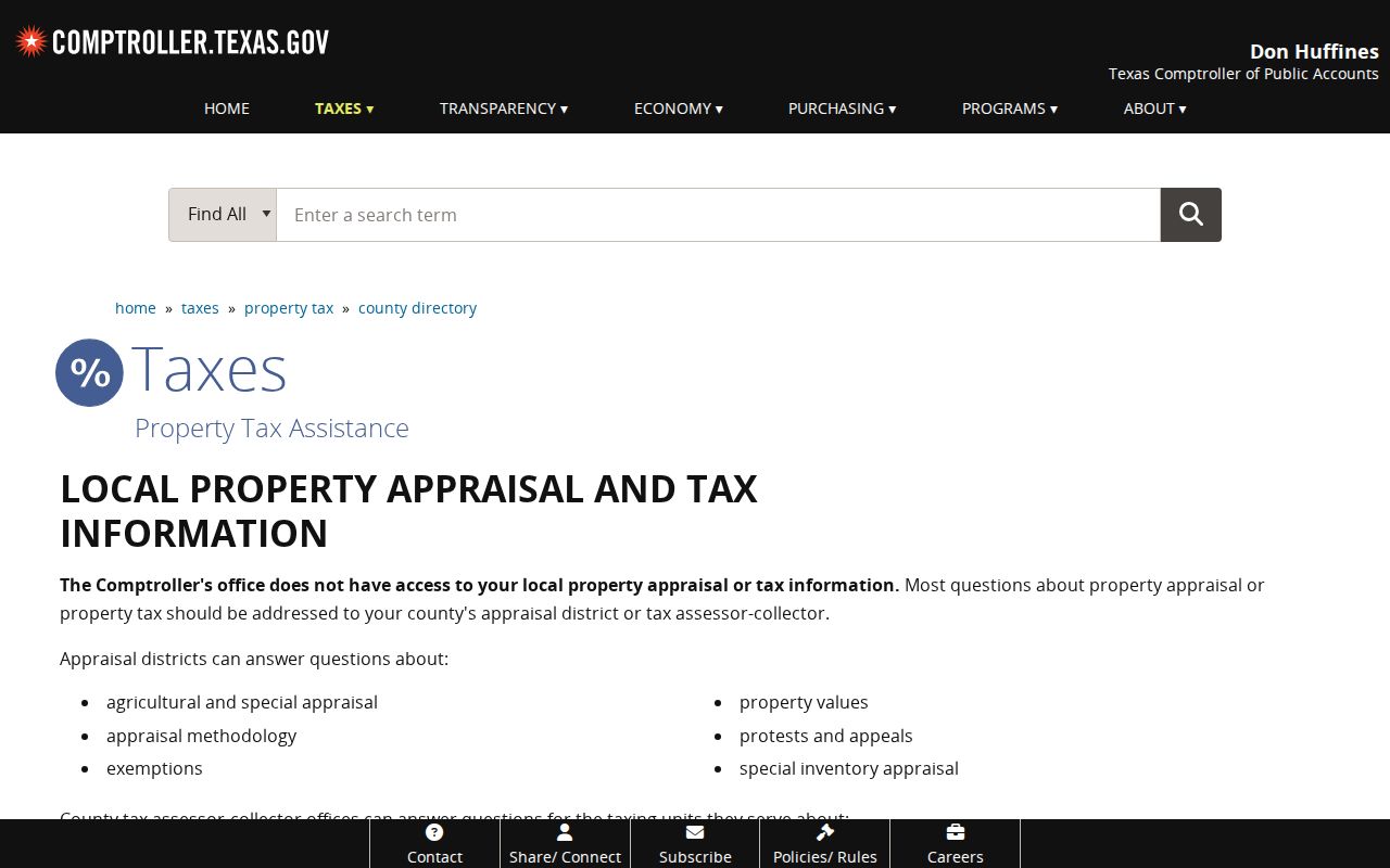 Texas residents directory route from the Comptroller to local appraisal districts