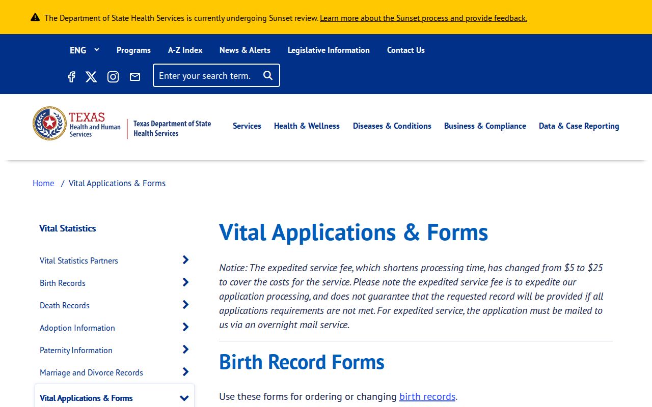 Texas resident lookup using the DSHS vital records application forms hub
