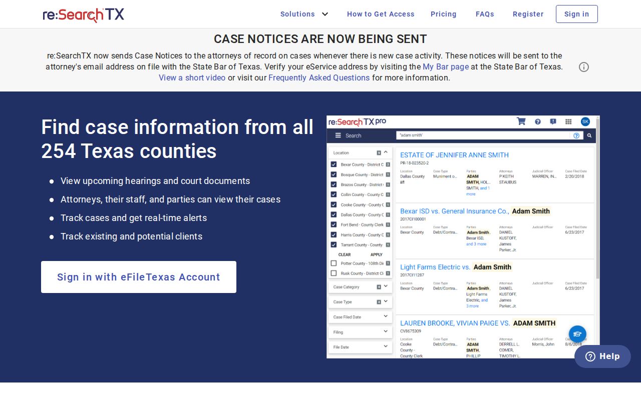 Texas resident lookup court search through the re:SearchTX account portal